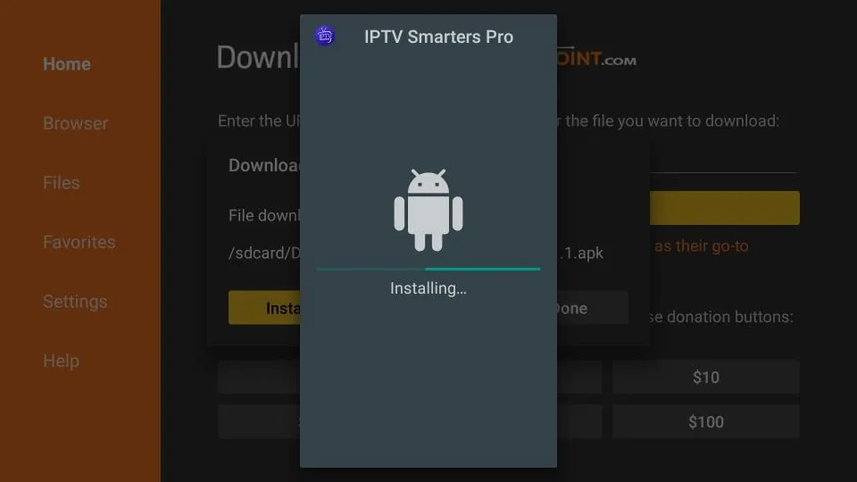 IPTV Smarters installation progress on the device