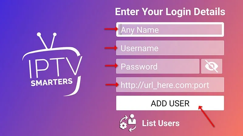 IPTV Smarters entering login credentials