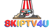 8kIPTV4U logo featuring a cartoon character wearing a striped popcorn bucket hat and sunglasses, representing premium IPTV streaming service