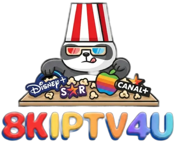8kIPTV4U Panda Mascot with Disney Plus, Apple TV, and Canal Plus Logos