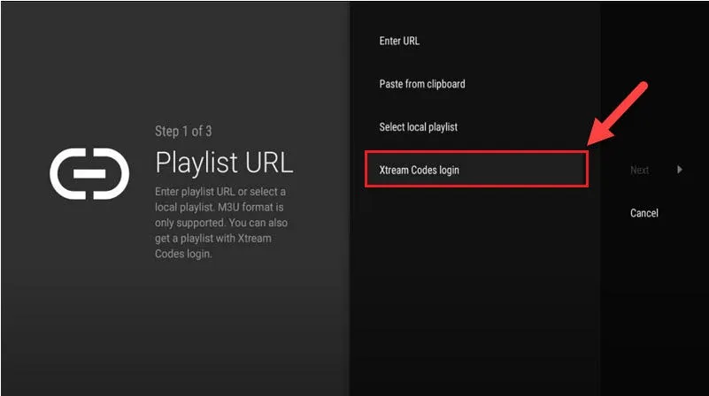 TiviMate Xtream Codes API login option selection screen