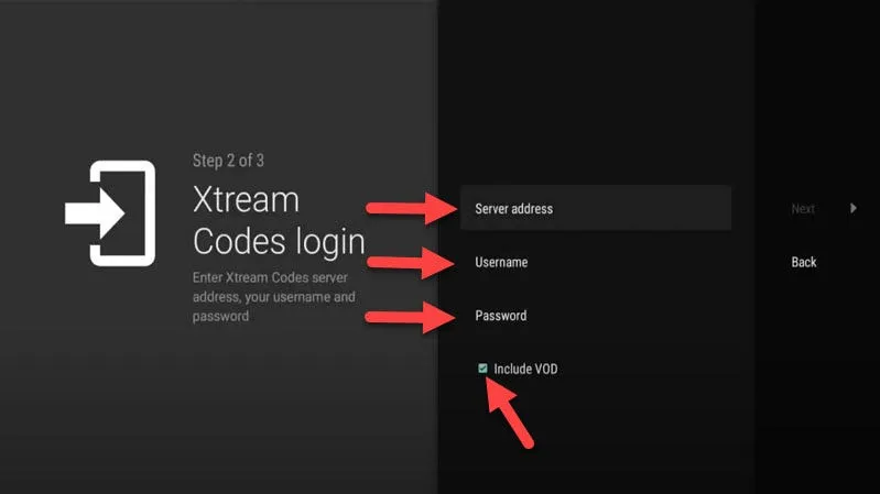 TiviMate Xtream Codes API setup form with server URL, username, and password fields